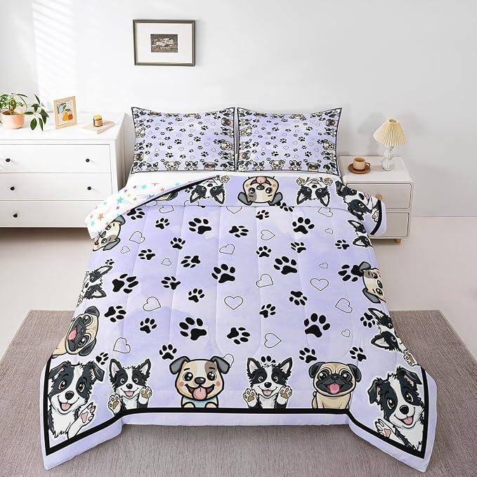 Manfei Cute Dog Paw Young Comforter Set,Cartoon Puppy Pet Animal Lover Purple Bedding Set All Season,Kawaii Dogs Footprint Love Hearts Comforter 3 Pcs with 2 Pillowcases,Full Size - Image 3