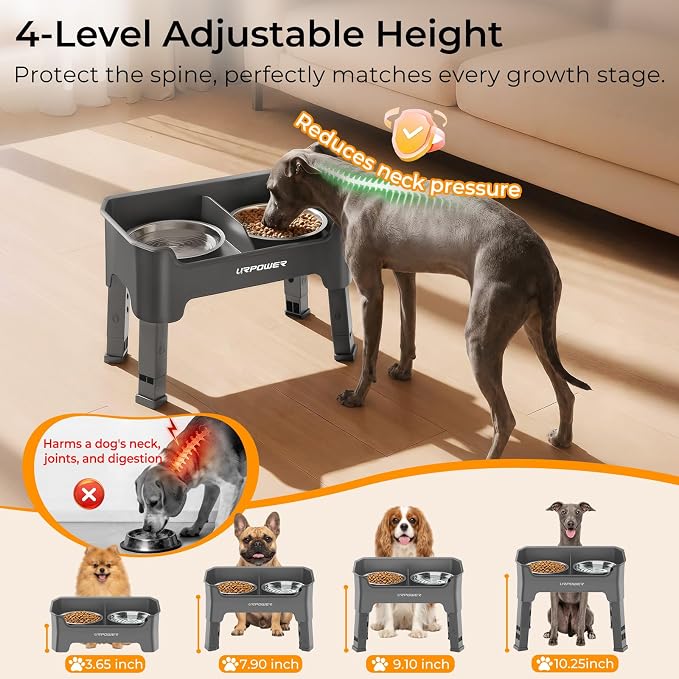 URPOWER Mess Proof Elevated Dog Bowls for Small Dogs with Splash Guard | 4 Height Adjustable Raised Stand with 2 Stainless Steel Food Bowls & Licking Plate for Small, Medium & Large Dogs - Image 3