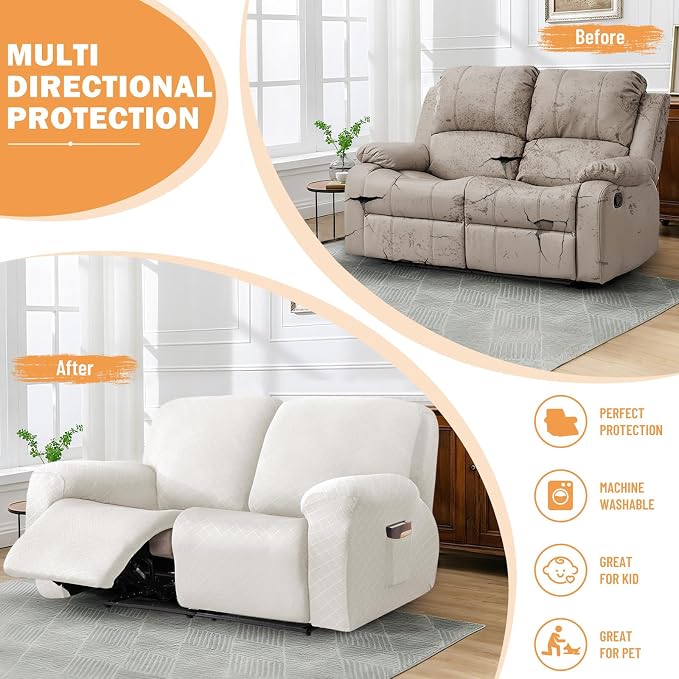 vctops Diamond Recliner Loveseat Slipcover 6-Pieces Stretch Dual Recliner Sofa Covers for 2 Seat Dual Reclining Loveseat Couch Soft Solid Furniture Protector (White,2 Seat) - Image 5