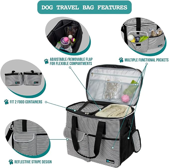 PetAmi Dog Travel Bag Organizer, Pet Travel Kit with 2 Food Containers & 2 Collapsible Dog Bowls, Pet Supplies Tote with Luggage Sleeve, Weekend Road Trip Camping Essentials, Stripe Black, Large - Image 4