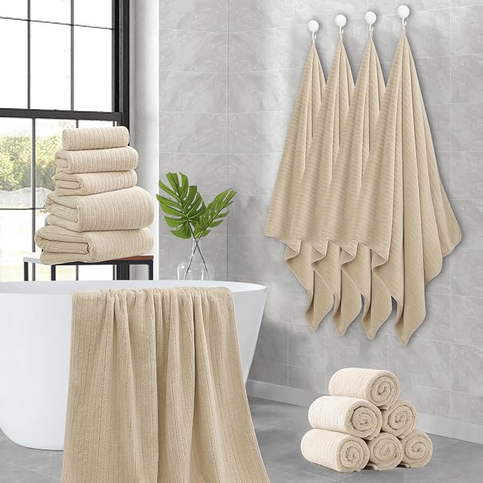 18 Piece Family Bath Towel Set Include 6 Bath Towels,6 Hand Towels and 6 Washcloths Soft Bathroom Towel with Hanging Loops,Highly Absorbent Quick Dry Towels Set for Bathroom,Hotel and Spa-Beige - Image 8