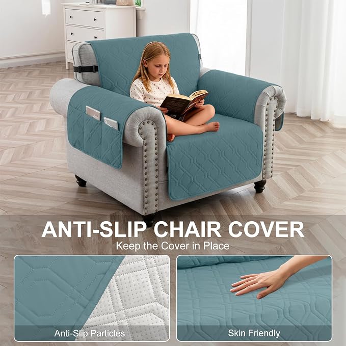 100% Waterproof Quilted Couch Cover,Straps&Pockets,23" Grayishblue | Washable sofa cover, pet-friendly, scratch-resistant furniture protector, quilted sofa cover, reversible, non-slip backing. - Image 4