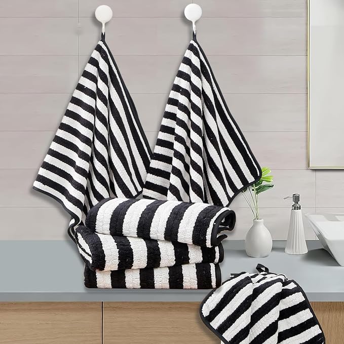 18-Piece Microfiber Bath Towels Set - 6 Bath Sheet, 6 Hand Towels, 6 Washcloths, Soft, Highly Absorbent Bathroom Towel, Quick Dry & Less Lint Shower towel for Bathroom, Hotel, Spa, Dorm-Black White - Image 7