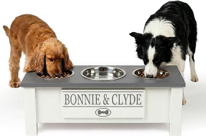 3 Bowl Dog Feeding Station, Personalized Triple Bowl Food Stand Medium Dogs | Farmhouse Style, Elevated Wood Stand, Storage Container, Stainless Steel Bowls, Raised Anti-Slip Feeder, Made in USA by GrooveThisWoodshop