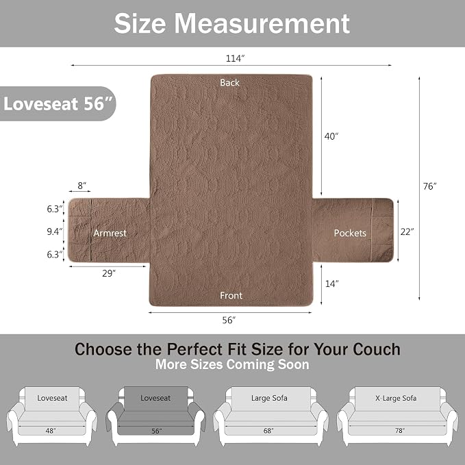 Toffee Loveseat Covers 2 Cushion Couch, Water-Repellent Sofa Cover for Love Seat, Washable Quilted Couch Covers, Pet Friendly Sofa Slipcovers (Loveseat 56", Raw Umber) - Image 6