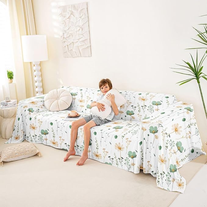 Erosebridal Watercolor Floral Sofa Cover Sage Green Beige Flower Couch Cover Modern Minimalist White Sofa Protector 71" X 134" Rustic Farmhouse Washable Non Slip Couch Protector for Pet Cats Kids - Image 4