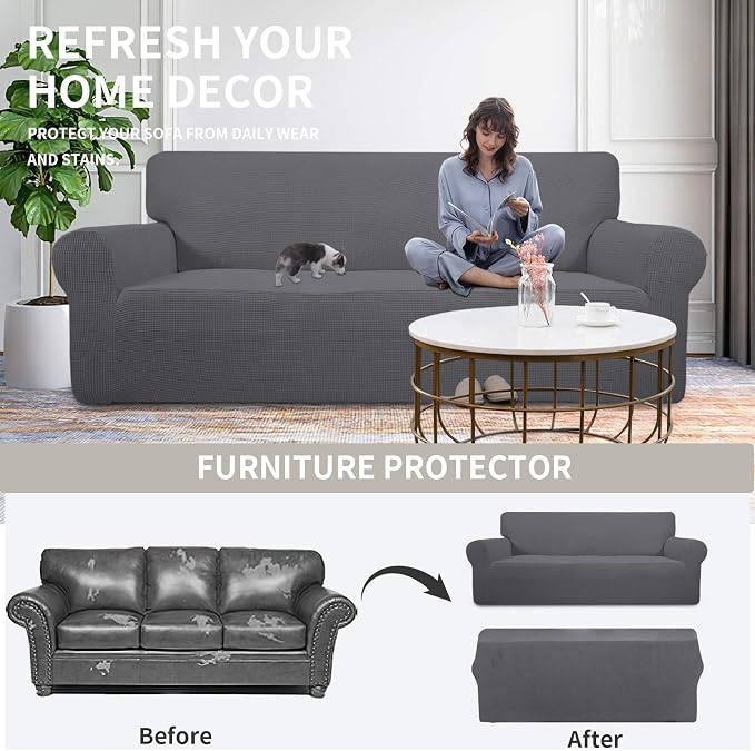 Easy-Going Stretch Couch Covers for Sofa Washable Large Gray | 1-Piece Sofa Covers for 3 Cushion Couch Furniture Protector Couch Slipcover Soft with Bottom for Kids Pets - Image 4
