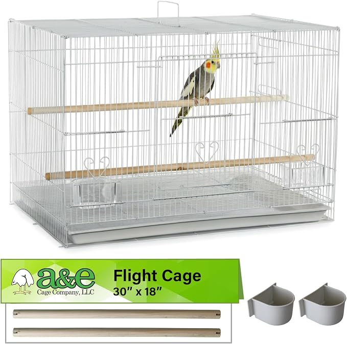 A&E Cage Co 504 Flight Bird Cage for Finches & Parakeets, 30"x18"x18" White | 2 Slide-Up Feeder Doors, Wood Perch, Slide-Out Cleaning Tray, Carry Handle, Safe Bar Spacing for Small Birds - Image 7