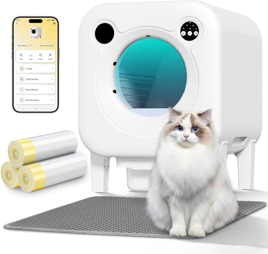 Self Cleaning Litter Box, 4 in 1 Security-System Automatic Robot | 75L+12L Extra Large Space, Multiple Cats, APP Control, 1 Cat Litter-Mat, 3 Rolls Cats Waste Bag Liners by DuckSky