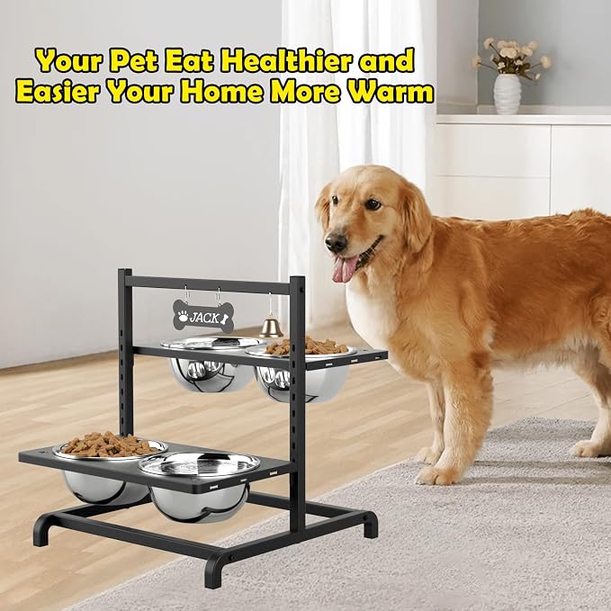 SHAINFUN Elevated Dog Bowl Stand with 4 Stainless Steel Bowls (58oz) & 1 Slow Feeder, 9 Height Adjustable Raised Dog Bowl from 4.9" to 14.5" for Large Dogs & Multi-Pet Homes - Image 7