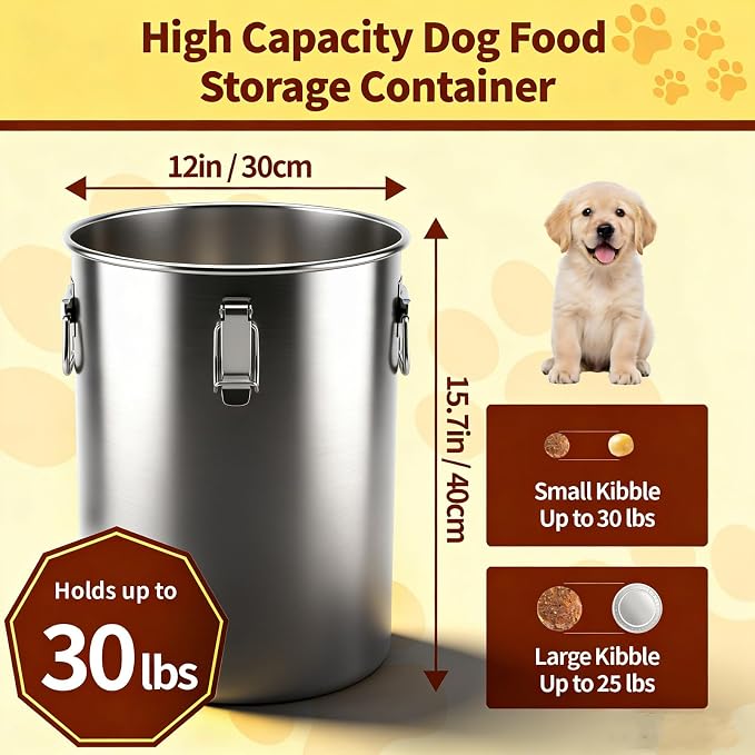 304 Stainless Steel Dog Food Storage Container, 25LB/30LB Airtight Pet Food Container with Locking Lid & Silicone Seal, Large Metal Food Storage Bin for Dry Dog/Cat Food, Rice, Flour (25 LBS) - Image 2