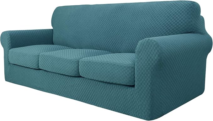 YEMYHOM Latest Checkered 4 Pieces Couch Covers for 3 Cushion Couch Extra Large High Stretch Thickened Sofa Cover for Dogs Anti Slip Furniture Protector Sofa Slipcovers (Teal), 91"-110"(3 Cushions) by YEMYHOM