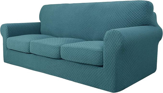 YEMYHOM Latest Checkered 4 Pieces Couch Covers for 3 Cushion Couch Extra Large High Stretch Thickened Sofa Cover for Dogs Anti Slip Furniture Protector Sofa Slipcovers (Teal), 91"-110"(3 Cushions) by YEMYHOM