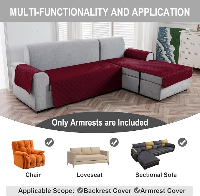 Genina Sofa Armrest Cover, Anti-Slip Armchair Slipcovers for Dogs Cats Pet, Water Resistant Couch Arm Cover for Backrest Recliner Loveseat, L Shaped Sofa, 23.6 x 27.5 Inches（2 Pieces） - Image 2