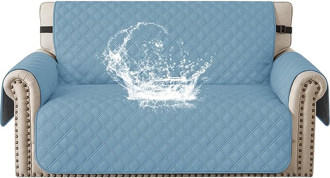 Waterproof Loveseat Covers for 2 Cushion Couch, Sofa Covers for Pets Washable with Side Pockets, Non Slip Couch Covers for Dogs, Dog Couch Cover with Elastic Straps (Loveseat, Aqua Blue) by CYCMACOHOME
