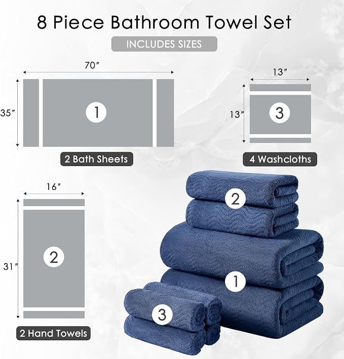 8 Piece Bath Towel Set Navy |2 Oversized Large Bath Sheet,2 Hand Towels,4 Washcloths| Ultra Soft Cozy Bath Towel Set for Bathroom Hotel Gym Spa,Highly Absorbent & Quick Dry Bathroom Towel Collections - Image 5
