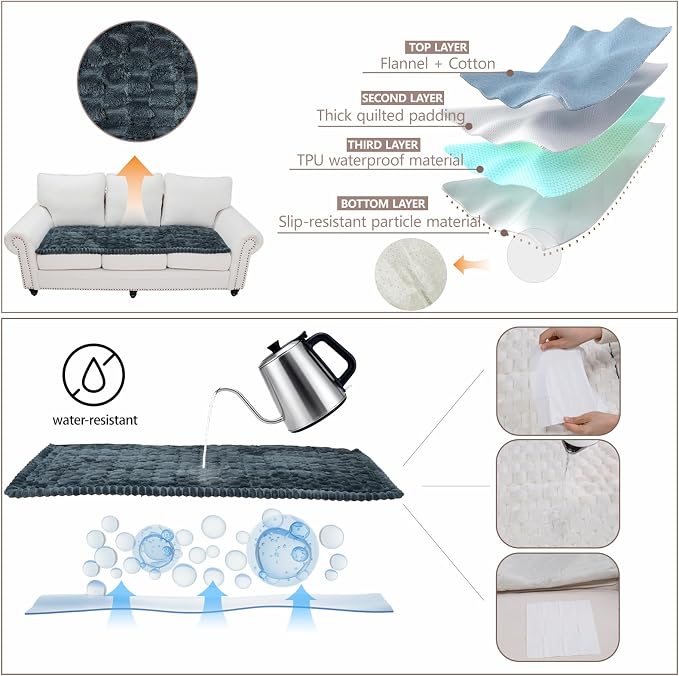 Waterproof Couch Cover for Dogs Washable,Nonslip Fuzzy Durable Pet Friendly | Soft Slipcovers for 3 Cushion Sofa Cover,Plush Thick Protector Fits Mat Bed Leather & Fabric Couches (Grey 27.6"x82.7") - Image 3