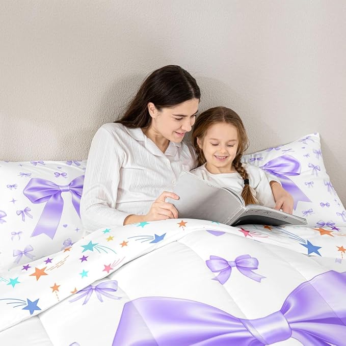 Manfei Purple Bowknot Bedding Set for Boys Girls,Preppy Trendy Kawaii Coquette All Season Cozy Comforter Set with 2 Pillowcases Full,Cute Preppy Ribbon Bow Duvet Set Bedroom Decor,Festival Gifts - Image 5