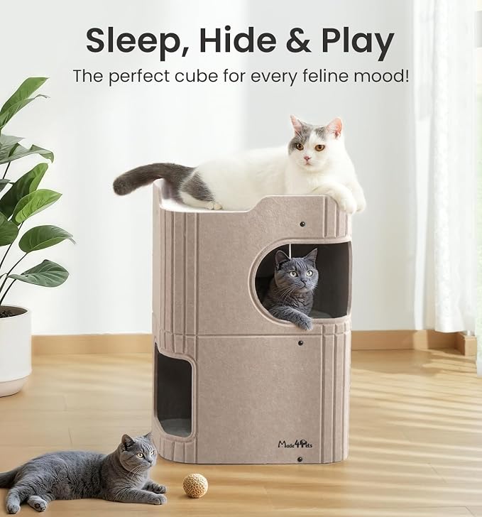 Made4Pets Cat House for Indoor Use, 2-Storey Cube Bed Cave, Covered Hideaway Condo with Scratch-Resistant Felt, Foldable Easy-to-Clean Design for Multi-Cat Homes, Beige - Image 2