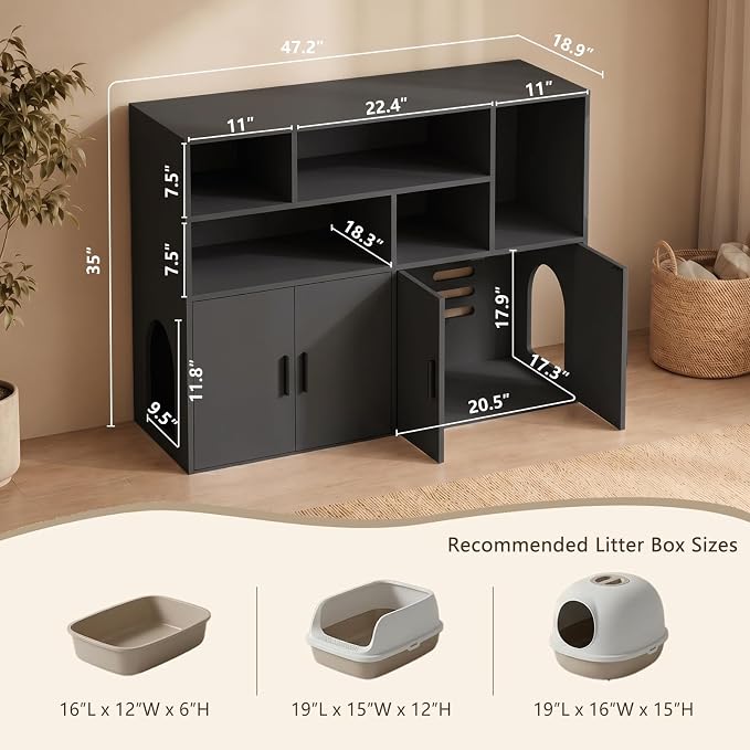 Amunrbrek Double Litter Box Enclosure, Hidden Cabinet with Storage, Black | Pass-Through Design Makes Cats Feel Safe - Image 6