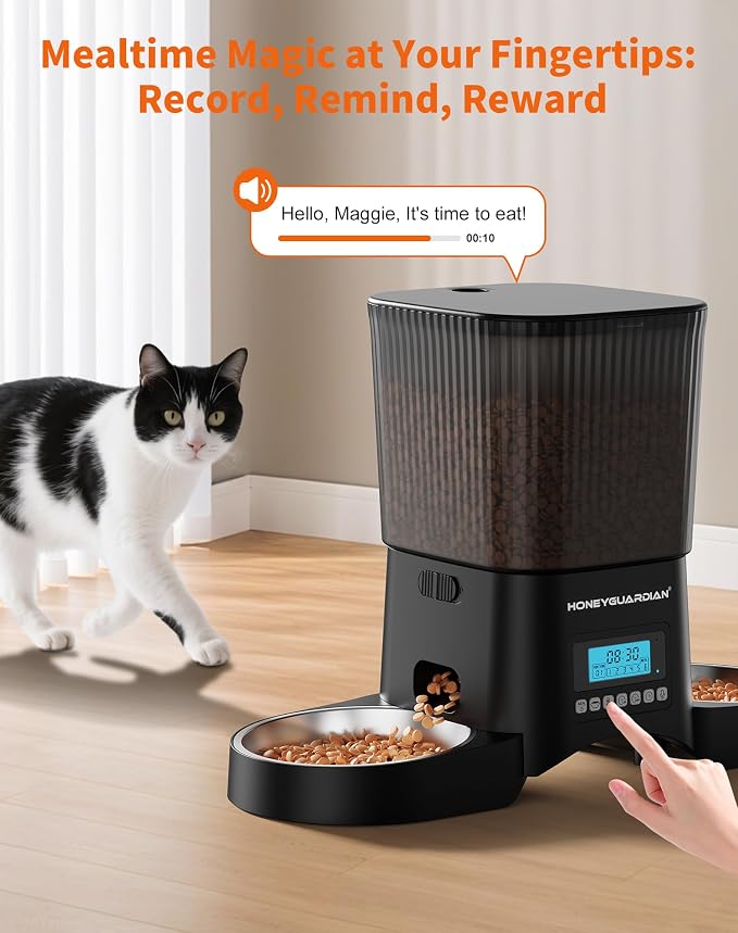 HoneyGuardian Automatic Cat Feeder for 2 Cats, Automatic Cat Food Dispenser, Timed Pet Feeder for Cats and Dogs, Desiccant Bag, Programmable Portion Control,10s Voice Recorder - Image 5