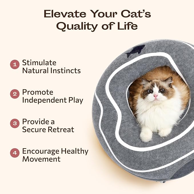 Peekaboo Cat Cave Donut - Cat Tunnel Bed for Indoor Cats – Cute Patterns Hideaway for Multiple & Large Cats, Scratch-Resistant (Dark Gray) - Image 8
