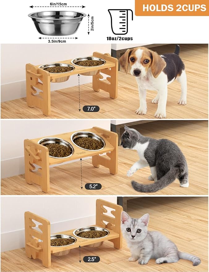 Vantic Elevated Dog Bowls, Raised Dog Bowl Stand Adjustable Small, Natural | Bamboo Elevated Feeder with 2 Stainless Steel Bowls, Adjustable Height Stand for Small Puppies and Cats - Image 2