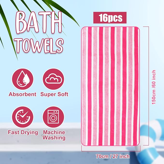 SmoothNovelty 16 Pack Microfiber Bath Towels Bulk 27'' x 60'' Oversized Size Bath Towel Highly Absorbent Extra Large Soft Drying for Beach Shower Summer Salon Sport Gym Party (Wide Stripes,Pink) - Image 2