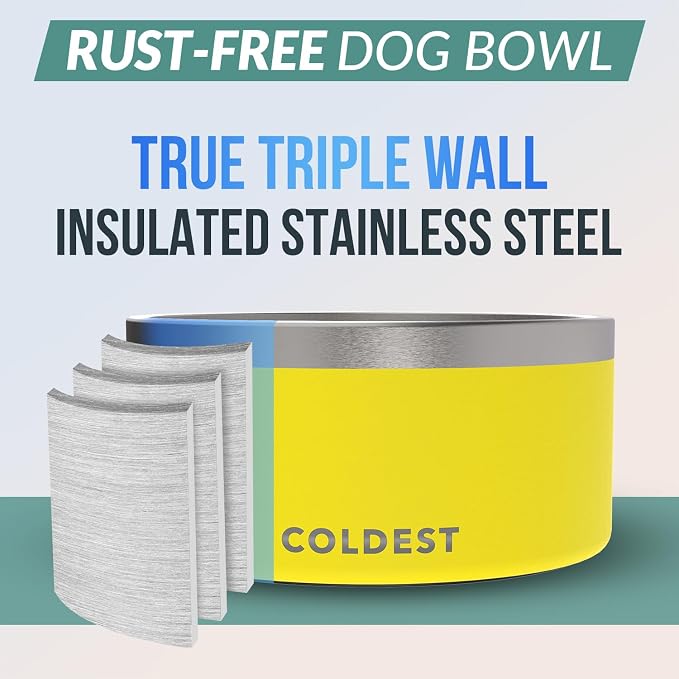 Coldest Dog Bowl - Anti Rust Metal, Non Slip, 3 Layers Insulated Stainless Steel Dog Bowls - Spill Proof & Heavy Duty - Water Bowl for Dogs, Cats & Pets, Dish Washer Safe (200 oz, Solar Yellow) - Image 3