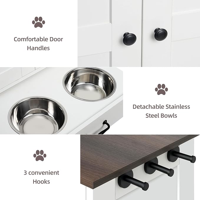 Pet Feeding Station, Dog Feeding Station, Dog Food Storage Cabinet, Pet Food Toy Organiser with 2 Elevated Bowls and Hook for Feeding and Drinking, White - Image 6