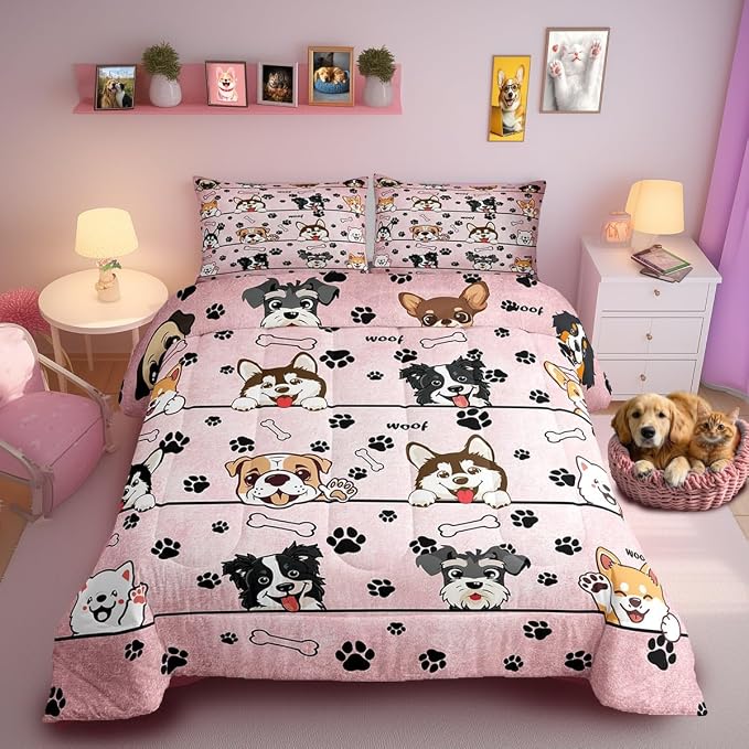 Manfei Cute Dog 3 Pcs Queen Size Comforter Set,Black Paw Bone Print Pink Down Alternative Adults Bedroom Decor,Cartoon Puppy Pet Animals Ultra Soft Microfiber Inner Fill 3Pcs Bedding by Manfei