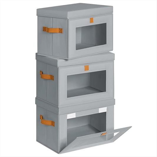 Homsorout Medium Fabric Storage bins - Collapsible Storage Bins with Open Window, 3 Pack Closet Baskets for Shelves, Stackable Decorative Boxes for Home, Dorm, Grey, 13.7"x 9.8" x 9.8" by Homsorout