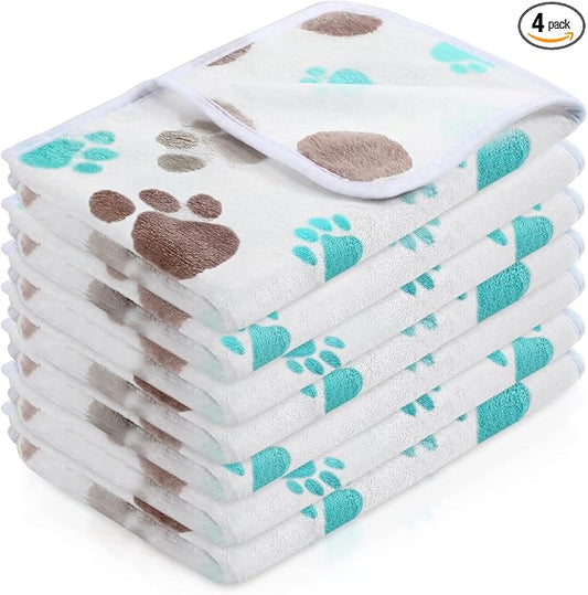 Tatuo 4 Pack Fleece Dog Blankets for Puppy Cats Multi-Size Sleep Mat for Pet Guinea Pig Soft Washable Warm Crate Bed Puppy Teething Toys Print Pattern Blanket Indoor(Milky White,24 x 16 Inch,Paw) by Tatuo