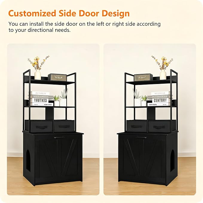 Dwanton Litter Box Enclosure with 2 Storage Shelves and 2 Drawers, 2-in-1 Hidden Cat Litter Box Enclosure Furniture with Shelf, Reversible Entrance, Washable Drawers, 50-Inch, Black - Image 2