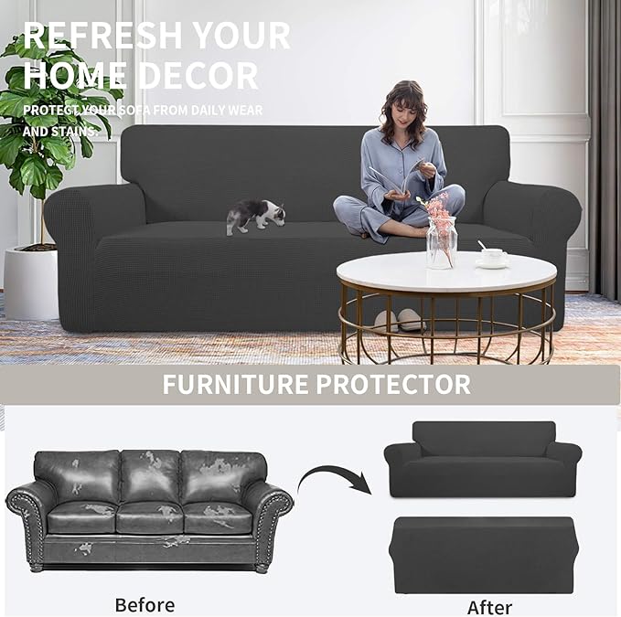 Easy-Going Stretch Loveseat Couch Covers Washable Dark Gray | 1-Piece Loveseat Covers for 2 Cushion Couch Furniture Protector RV Sofa Slipcover Soft with Bottom for Kids Pets - Image 4