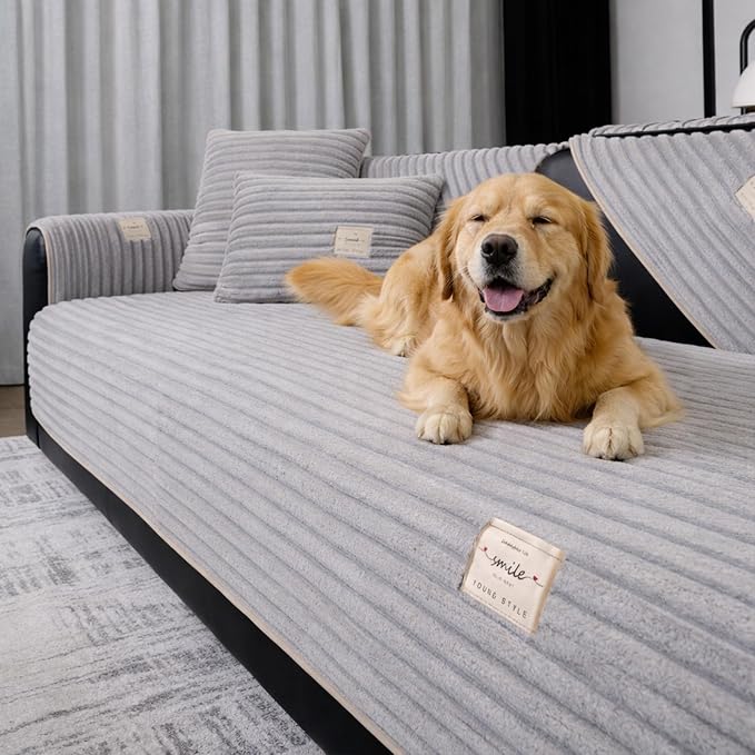 Couch Cover for Dogs, Washable Non Slip Sofa Cover for 3 Cushion Couch, Thick Corduroy Couch Protector, Pet Friendly Furniture Slipcover for Cats Dogs, Light Gray by HeadPet
