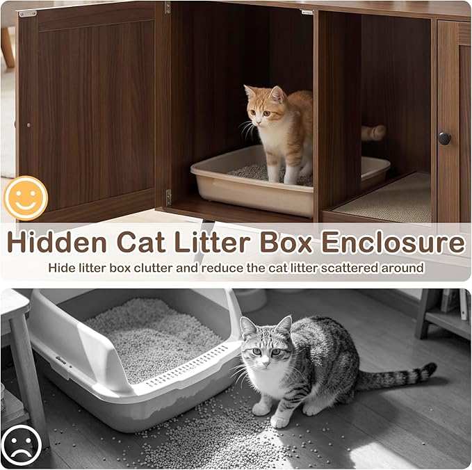 Tangkula Double Cat Litter Box Enclosure for 2 Cats, Large Stackable Hidden Privacy Cat Washroom Cabinet with Scratching Board, Indoor Cat House TV Stand Side Table, Litter Box Furniture (Brown) - Image 5