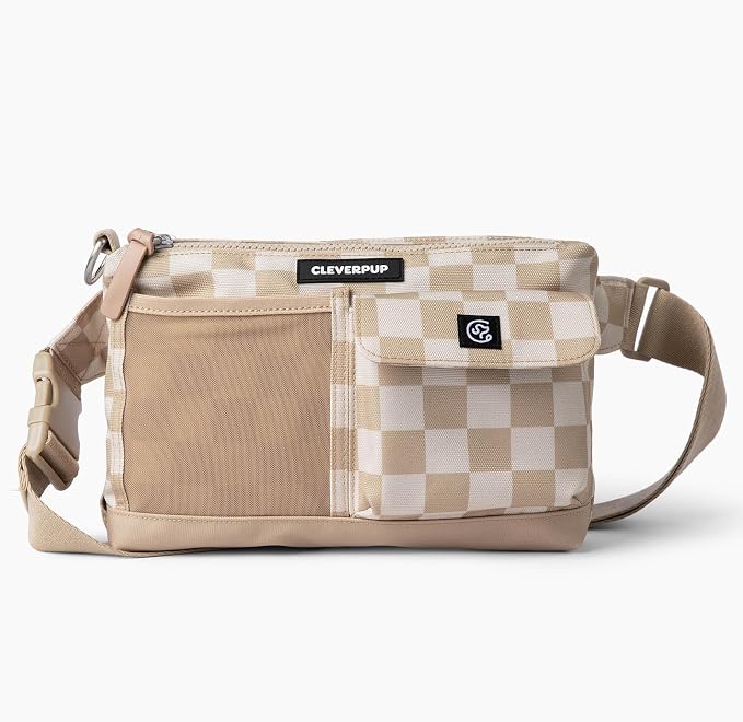 Cleverpup Walk & Train 2-in-1 Dog Walking Bag - Hands-Free Training Crossbody Sling & Fanny Pack with Treat Pouch, Poop Bag Holder, Phone Pockets - Adjustable Waist or Shoulder Strap - Checkerboard - Image 3