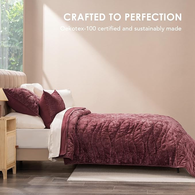EverGrace Luxury Wave Crushed Velvet Quilt Set, King Size, Burgundy | Luxurious Soft, Lightweight Velvet Comforter, Cozy Plush Oversized Bedspread Coverlet for All Season, with 2 Shams - Image 3