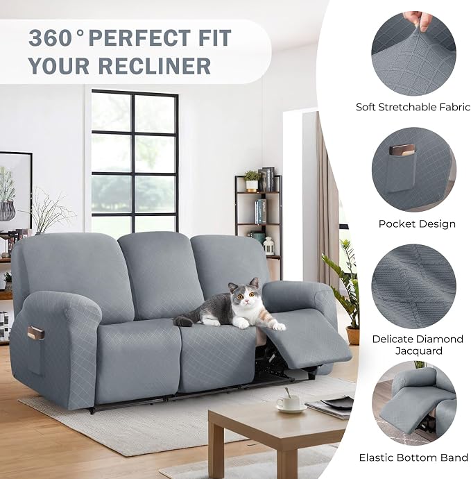 vctops Diamond Recliner Sofa Covers 8-Pieces Stretch Large Couch Covers for 3 Seats Reclining Slipcovers Soft Solid Furniture Protector (Light Grey,3 Seat) - Image 4