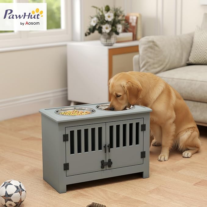 PawHut Large Elevated Dog Bowls with Storage Cabinet, 37L Gray | Raised Dog Bowl Stand Pet Food Bowl Dog Feeding Station - Image 2