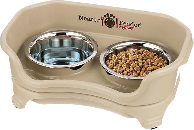 Neater Feeder Express Mess Proof Cat Bowls Elevated, No Spill Feeding Station, Stainless Steel Dishes for Food and Water, Raised Bowls for Indoor Cats, No Fatigue Whisker Friendly Dish, Almond by NeaterPets