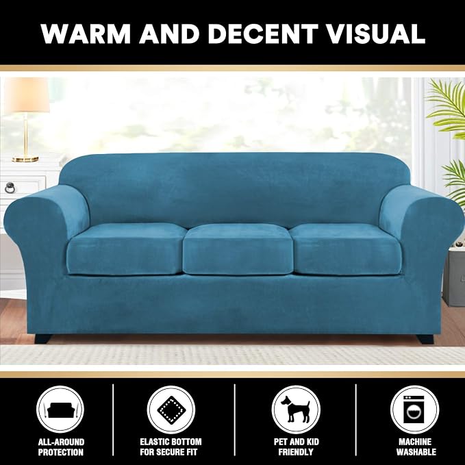 PrinceDeco Velvet Couch Covers for Sofa Soft 4 Pieces Couch Covers for 3 Cushion Couch Sofa Pet Friendly Furniture Protector with Non Slip Elastic Bottom Width Up to 90 Inch (Large, Blue) - Image 6