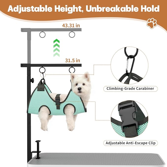 Dog Grooming Table Arm, 31.5"-43.3" Adjustable Pet Stand with Hammock & Clips – 3-in-1 Grooming Kit for Nail Trimming, Haircut & Drying, Home Supplies for Small Dogs - Image 4