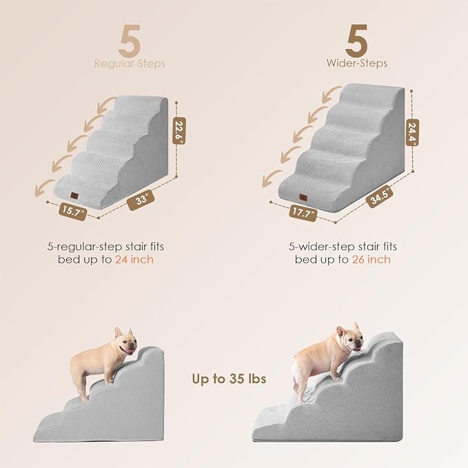 EHEYCIGA Curved Dog Stairs Ramp for High Beds, 5-Step Extra Wide Dog Steps for Small Dogs and Cats, Pet Stairs for High Bed Climbing, Non-Slip Balanced Pet Step Indoor, Light Grey - Image 3