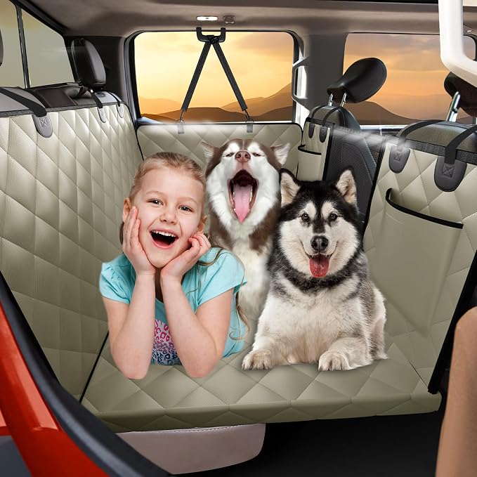 Back Seat Extender for Dogs Truck-Large Space, Hard Bottom Dog Pet Seat Cover Back Seat, Waterproof Dog Hammock for Crew Cab Trucks F150, RAM1500, Sierra, Tundra, Silverado, Khaki by ROUWINNE
