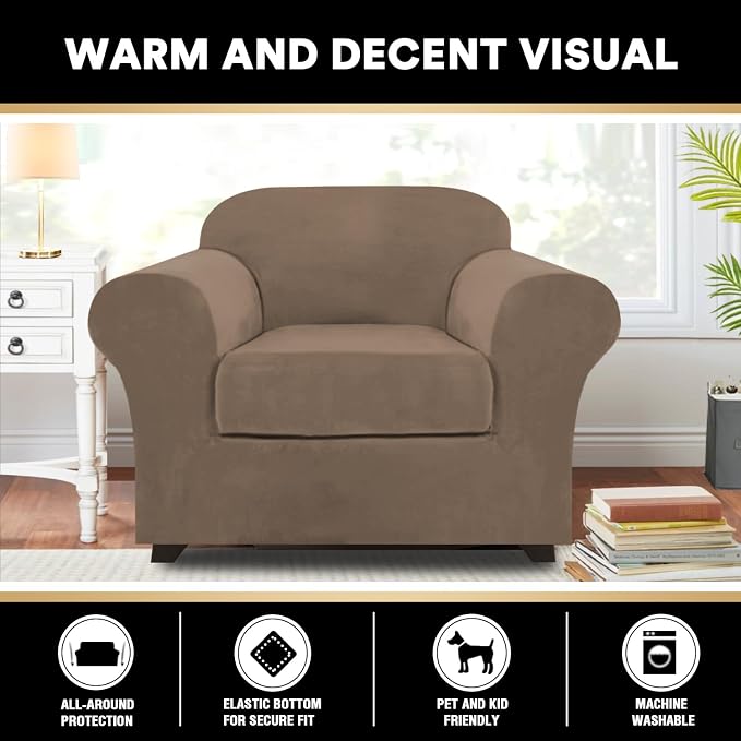 PrinceDeco Velvet Plush Couch Cover Stretch 2 Piece Chair Cover Chair Slipcover Washable Furniture Protector Couch Soft with Elastic Bottom Armchair Cover Width Up to 49 Inch(Small, Mocha) - Image 2