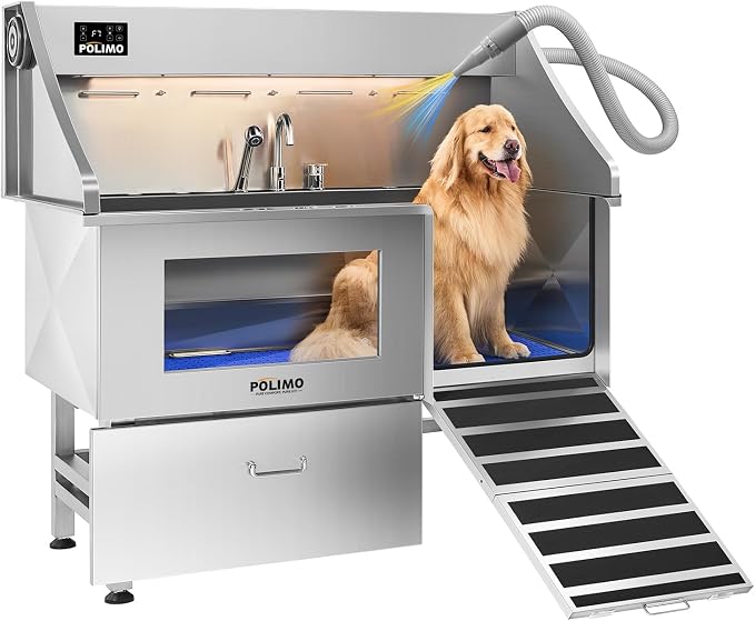POLIMO Dog Washing Station with Built-in Pet Dryer and LED Display 61" (Right Ramp), 304 Stainless Steel Dog Bathtub for Large Medium Small Dogs, Wash and Dry Grooming Tub with Faucet, Storage Drawer by BathTimeMadeEasy