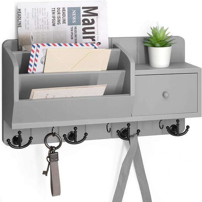 Rebee Vision Key Holder Wall Mount with Drawer, for Home Decor, Light Gray | Mail and Key Organizer for Wall, Drawer Storage, Hanging Hooks, Letter Organization, Apartment Essential, Home Decor Accent by REBEEVISION