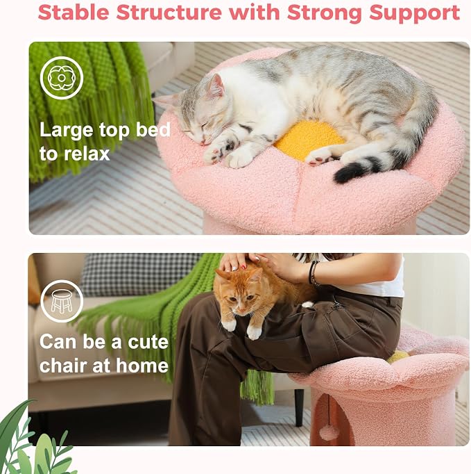 PETEPELA Cat Beds for Indoor Cats, Small Cute Cat Tree House with Removable Flower Cat Bed, Cat Hideaway, Indoor Cat House Condo, Cat Accessories, 20X20X16 Inches, Pink - Image 3